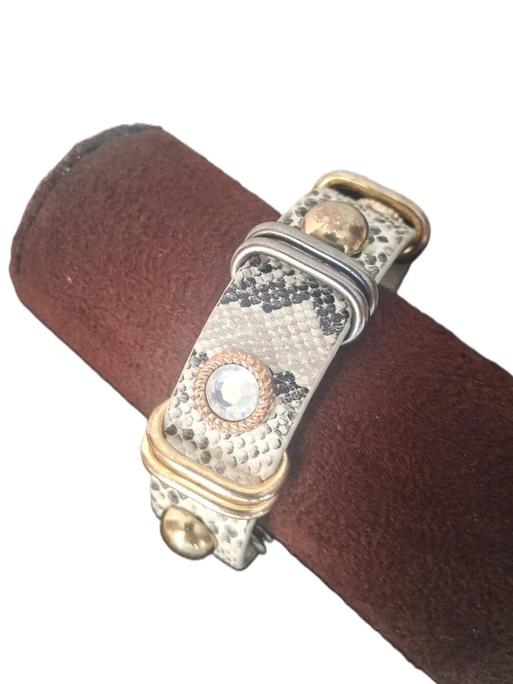 Boho Faux Snakeskin Leather Cuff Bracelet Crystal Stud Gold Accents – King Star